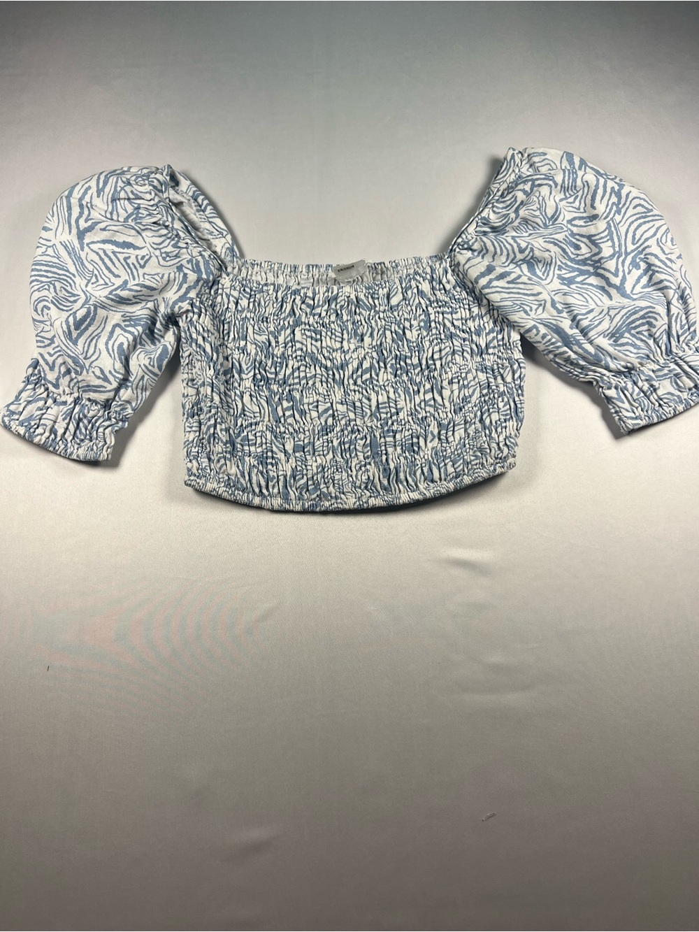 Light Blue Smocked Puff-Sleeve Crop Top